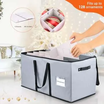 Christmas Ornament Storage Box, Mrrihand Xmas Decoration Organizer with Adjustable Dividers - Storage Container Keeps 128 Holiday Ornaments 3-Inch, Dual Zipper Closure, 600D Tear-Proof Material (Gray)