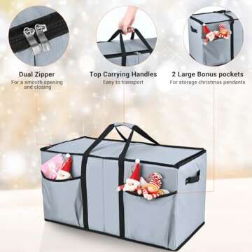 Christmas Ornament Storage Box, Mrrihand Xmas Decoration Organizer with Adjustable Dividers - Storage Container Keeps 128 Holiday Ornaments 3-Inch, Dual Zipper Closure, 600D Tear-Proof Material (Gray)