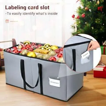 Christmas Ornament Storage Box, Mrrihand Xmas Decoration Organizer with Adjustable Dividers - Storage Container Keeps 128 Holiday Ornaments 3-Inch, Dual Zipper Closure, 600D Tear-Proof Material (Gray)