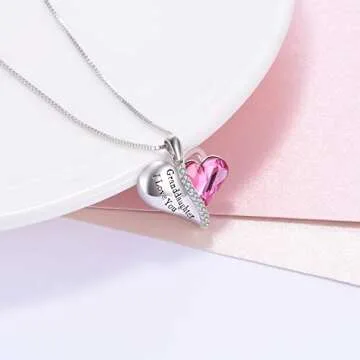 AOBOCO Granddaughter I Love You Necklace Sterling Silver Heart Pendant Jewelry Gifts from Grandma with Pink Austrian Crystal