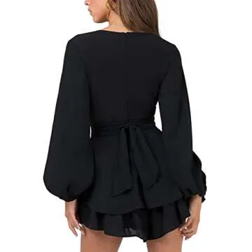 Sexy Cute Dresses for Woman V Neck Wrap Long Bishop Sleeve Sleeve Mini Dress for Girl's Date Night Party Black M
