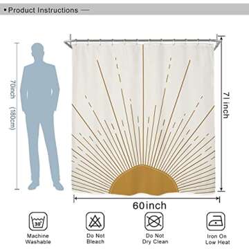 Miyotaa Abstract Sun Shower Curtain Set 60Wx71H Inches Modern Minimalist Mid Century Aesthetic Mustard Yellow Sunburst Sunrise Simple Polyester Waterproof Cloth Bathroom Curtain with 12 Hooks
