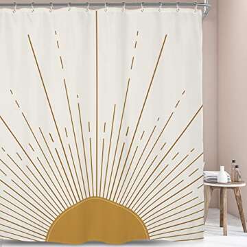 Miyotaa Abstract Sun Shower Curtain Set 60Wx71H Inches Modern Minimalist Mid Century Aesthetic Mustard Yellow Sunburst Sunrise Simple Polyester Waterproof Cloth Bathroom Curtain with 12 Hooks