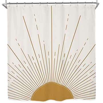 Miyotaa Abstract Sun Shower Curtain Set 60Wx71H Inches Modern Minimalist Mid Century Aesthetic Mustard Yellow Sunburst Sunrise Simple Polyester Waterproof Cloth Bathroom Curtain with 12 Hooks