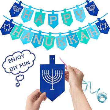 Happy Storm Hanukkah Decorations for Home, Glitter Happy Hanukkah Banner for Party, Blue Chanukah Bunting Ornaments Decor Indoor, Hanukkah Decorations Party Supplies Favors