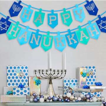 Happy Storm Hanukkah Decorations for Home, Glitter Happy Hanukkah Banner for Party, Blue Chanukah Bunting Ornaments Decor Indoor, Hanukkah Decorations Party Supplies Favors
