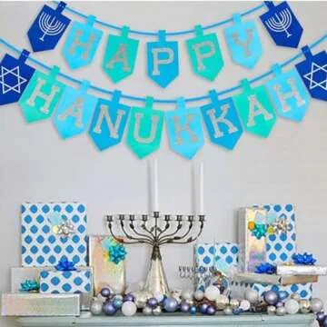 Happy Storm Hanukkah Decorations for Home, Glitter Happy Hanukkah Banner for Party, Blue Chanukah Bunting Ornaments Decor Indoor, Hanukkah Decorations Party Supplies Favors