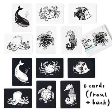 Wee Gallery Black and White Animal Art Cards for Babies, Durable High Contrast Vision Cards, Brain Development Educational Learning Tool for Newborn, Infant, Baby, Toddler - Ocean Animals
