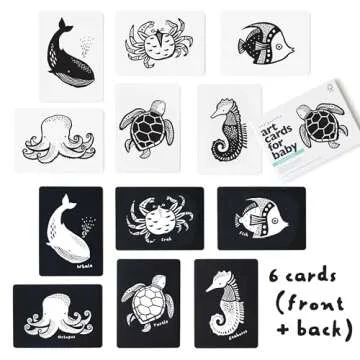 Wee Gallery Black and White Animal Art Cards for Babies, Durable High Contrast Vision Cards, Brain Development Educational Learning Tool for Newborn, Infant, Baby, Toddler - Ocean Animals