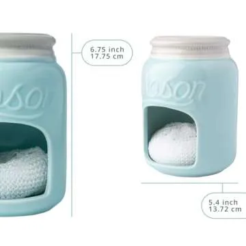 Comfify Ceramic Kitchen Sponge Holder - Farmhouse Style Sink Caddy - Mason Jar Decorative Kitchen Accessory - Country Rustic Sink Decor - Includes Free Sponge - Aqua Blue