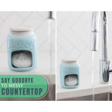 Comfify Ceramic Kitchen Sponge Holder - Farmhouse Style Sink Caddy - Mason Jar Decorative Kitchen Accessory - Country Rustic Sink Decor - Includes Free Sponge - Aqua Blue