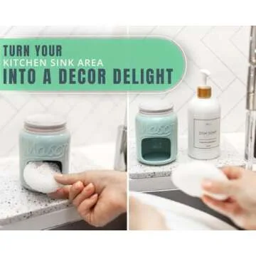 Comfify Ceramic Kitchen Sponge Holder - Farmhouse Style Sink Caddy - Mason Jar Decorative Kitchen Accessory - Country Rustic Sink Decor - Includes Free Sponge - Aqua Blue