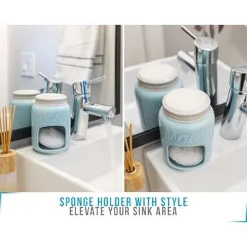 Comfify Ceramic Kitchen Sponge Holder - Farmhouse Style Sink Caddy - Mason Jar Decorative Kitchen Accessory - Country Rustic Sink Decor - Includes Free Sponge - Aqua Blue