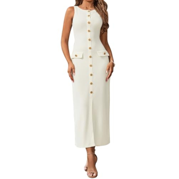 HTZMO Women's Sleeveless Sweater Maxi Dress - Stylish Bodycon Button Knit Dress for Work