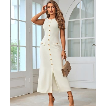 HTZMO Women's Casual Sweater Maxi Dress in Beige