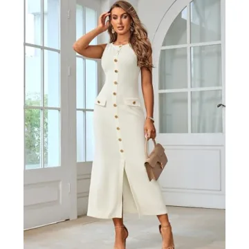 HTZMO Women's Casual Sweater Maxi Dress in Beige