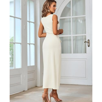 HTZMO Women's Casual Sweater Maxi Dress in Beige