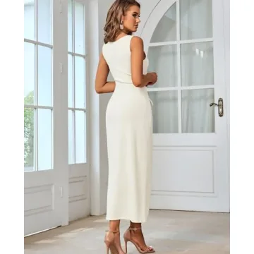 HTZMO Women's Casual Sweater Maxi Dress in Beige