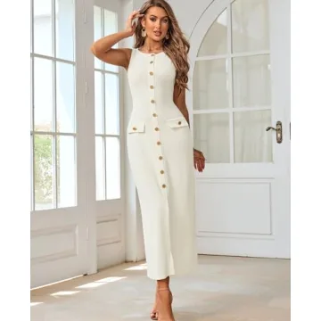 HTZMO Women's Casual Sweater Maxi Dress in Beige