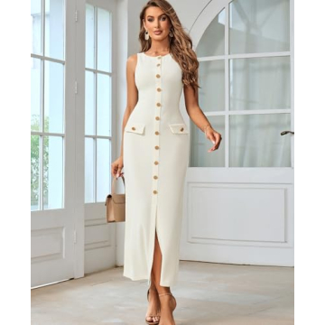 HTZMO Women's Casual Sweater Maxi Dress in Beige