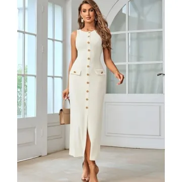 HTZMO Women's Casual Sweater Maxi Dress in Beige