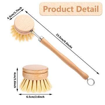 Dish Brush with Beechwood Handle with 2 Replacement Heads Natural Wood Dish Scrub Brush for Washing and Cleaning Pots and Pans