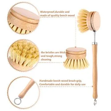Dish Brush with Beechwood Handle with 2 Replacement Heads Natural Wood Dish Scrub Brush for Washing and Cleaning Pots and Pans