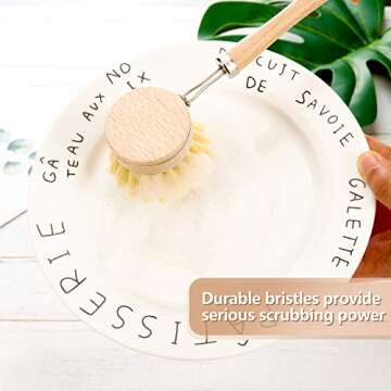 Dish Brush with Beechwood Handle with 2 Replacement Heads Natural Wood Dish Scrub Brush for Washing and Cleaning Pots and Pans