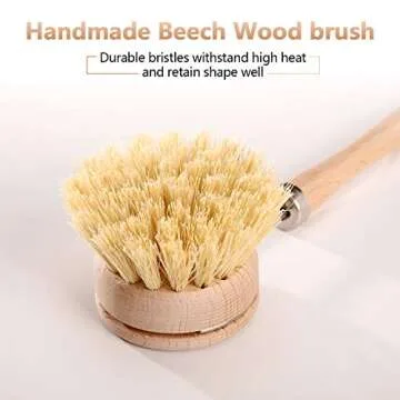 Dish Brush with Beechwood Handle with 2 Replacement Heads Natural Wood Dish Scrub Brush for Washing and Cleaning Pots and Pans