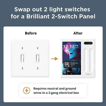 Brilliant Smart Home Control (2-Switch Panel) — Alexa Built-In & Compatible with Ring, Sonos, Hue, Google Nest, Wemo, SmartThings, Apple HomeKit — In-Wall Touchscreen Control for Lights, Music, & More