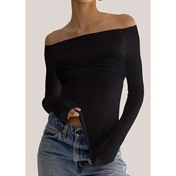 Meladyan Women's Off Shoulder Ruched Sheer Mesh Sexy Shirt Long Sleeve Pleated See Through Solid Sli...