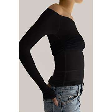 Meladyan Women's Off Shoulder Ruched Sheer Mesh Sexy Shirt Long Sleeve Pleated See Through Solid Slim, Black, Small