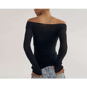 Meladyan Women's Off Shoulder Ruched Sheer Mesh Sexy Shirt Long Sleeve Pleated See Through Solid Slim, Black, Small