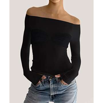 Meladyan Women's Off Shoulder Ruched Sheer Mesh Sexy Shirt Long Sleeve Pleated See Through Solid Slim, Black, Small