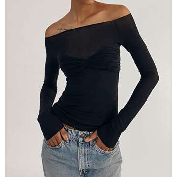 Meladyan Women's Off Shoulder Ruched Sheer Mesh Sexy Shirt Long Sleeve Pleated See Through Solid Slim, Black, Small