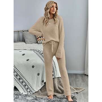 luvamia Fleece Pajamas Women Long Sleeve Tops Lounge Sets for Women Pants Two Piece Vacation Outfits for Women Women Clothing for Winter Light Taupe Small Fits Size 4/ Size 6
