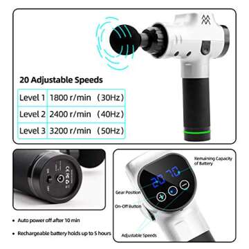 Massage Gun Deep Tissue Percussion Muscle Massager for Pain Relief, Handheld Electric Body Massager with 20 Adjustable Speed, 6 Head, Quiet & Comfortable Muscle Soreness Relieves, Silver