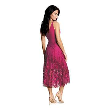Dress the Population Women's Darleen Sleeveless Plunging Neckline FIT and Flare MIDI Dress, Bright Fuchsia, Large