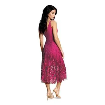 Dress the Population Women's Darleen Sleeveless Plunging Neckline FIT and Flare MIDI Dress, Bright Fuchsia, Large