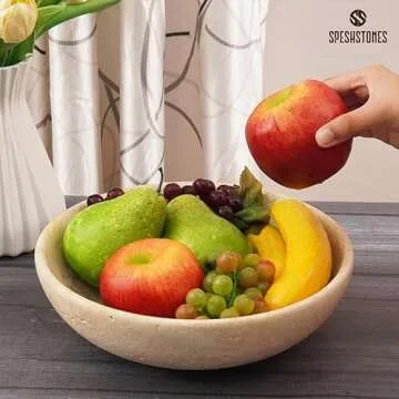SPESHSTONES Travertine Fruit Bowl 10" inches Handmade fruit holder for entryway tables home decor - Decorative scalloped bowl for kitchen countertop accessories, Dining table centerpiece decor