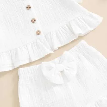 BemeyourBBs Summer Toddler Girl Clothes Baby Girl Ruffle Sleeveless Shirt with Buttons Bow Bloomers Shorts Set Cute Outfits (Solid White, 18-24 Months)