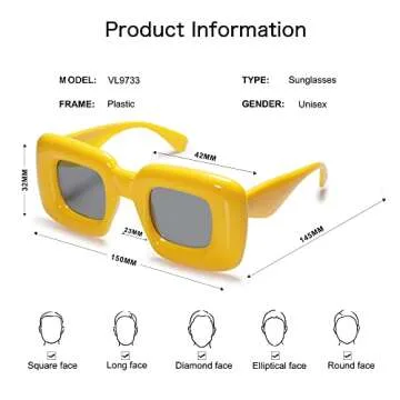 VANLINKER Cute Square Inflated Sunglasses for Women Men Trendy Chunky Glasses Retro Thick Frame Funny Mask Shades VL9733 Yellow