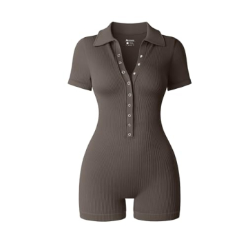 OQQ Women Yoga Rompers - Ribbed V Neck, Stretch Tummy Control, Tea Leaf