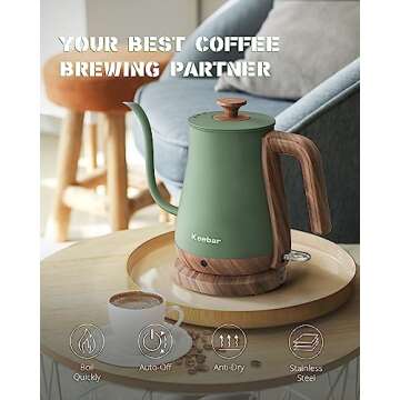 Keebar Gooseneck Electric Kettle, Electric Tea Kettle Stainless Steel, Pour over kettle for Coffee, 1000W Hot Water Kettle Electric Auto Shut Off, 0.8L, Wood-like Grain Finish Handle, Matcha Green