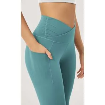 ODODOS Women's Cross Waist 7/8 Yoga Leggings with Pockets, Inseam 25" Gathered Crossover Workout Yoga Pants, Teal, X-Small