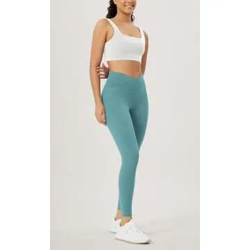 ODODOS Women's Cross Waist 7/8 Yoga Leggings with Pockets, Inseam 25" Gathered Crossover Workout Yoga Pants, Teal, X-Small
