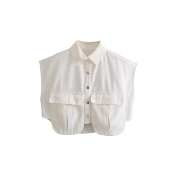 Perbai Womens Cropped Button Down Shirt Summer Collared Sleeveless Loose Denim Top with Pockets(Whit...
