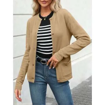 LILLUSORY Women Classic Cardigan Sweaters with Patch Pockets Business Fall Outfits 2025 Office Trendy Clothes Apricot S