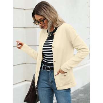 LILLUSORY Women Classic Cardigan Sweaters with Patch Pockets Business Fall Outfits 2025 Office Trendy Clothes Apricot S