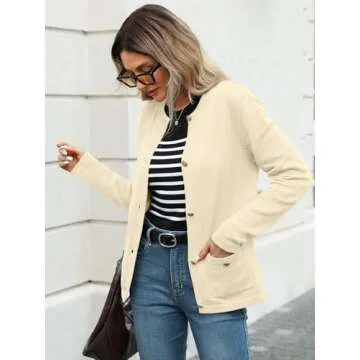 LILLUSORY Women Classic Cardigan Sweaters with Patch Pockets Business Fall Outfits 2025 Office Trendy Clothes Apricot S